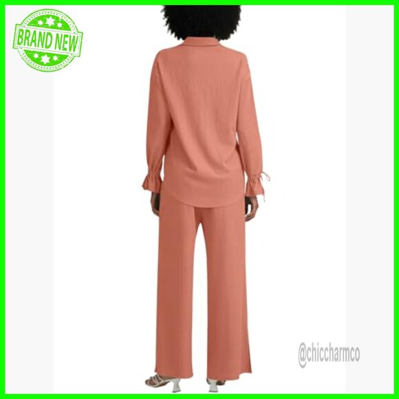 Long Sleeve Button Down Blouse & Wide Leg Pants Set, Medium - Picture 5 of 7